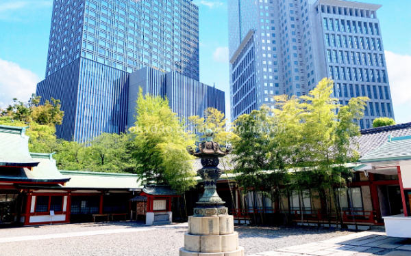 東京都千代田区の日枝神社の境内の竹林とビル群